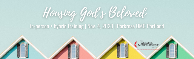 A picture with colored houses and the words "Housing God's Beloved" written above the houses in white text.